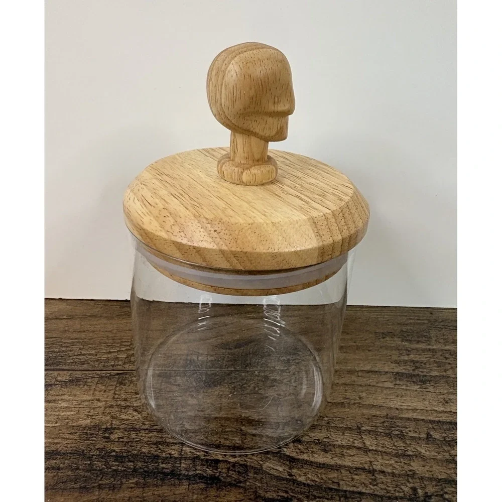 Clear Glass Jar Dish With Wooden Skull Lid Halloween Skeleton